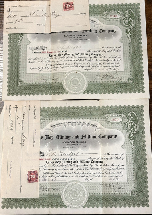 Lucky Boy Mining and Milling Company Lot of Four Stock Certificates - Lot of 4 Stock Certificates from Lucky Boy In Arizona