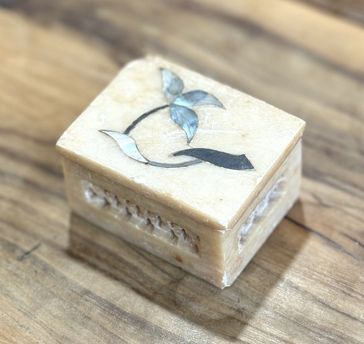 Antique Handmade Hand-carved Soapstone Trinket Box - Indian Trinket Box with Abalone Shell Inlay