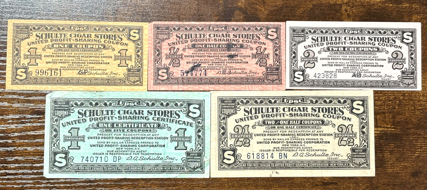 Antique Cigar Coupons in Varying Denominations - United Profit Sharing Corporation Coupons - Schulte Cigar Stores Coupons
