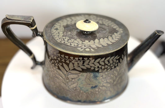 Vintage Teapot with Engraved Bird and Foliage, by George Richmond Collis & Co. - Antique Elegant Silver Teapot with Nature-Inspired Engravings