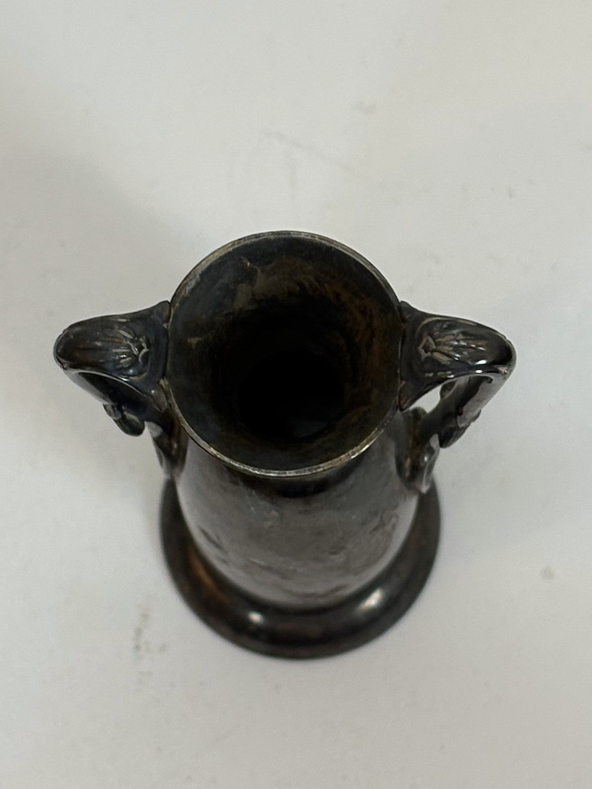 Vintage Two-Handled Metal Vase With Floral Accents - Antique Miniature Vase