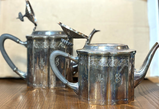 Vintage Teapot by E.G. Webster & Son, Custom-engraved Set of Two- E.G. Webster Silver Plated Antique Teapot 2pc Set