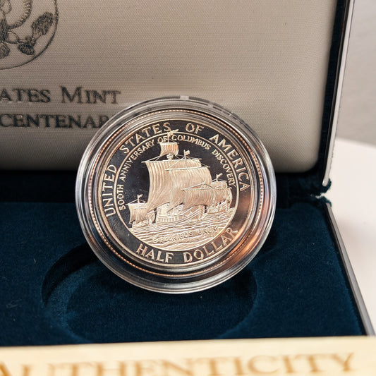 1992 P + S Columbus Quincentenary Silver Dollar Clad Half Dollar 2 Coin Set W/ Box and COA