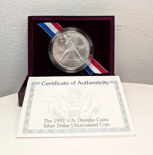 1992-D UNC Commemorative SILVER Dollar U.S. Olympic Baseball Coin Uncirculated With Box and COA