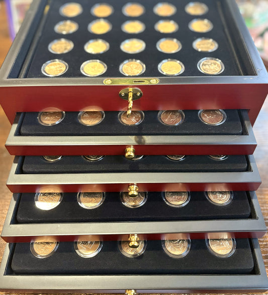 1999–2008 Complete Gold Plated State Quarter Set 100 Coins P & D Mints - 1999–2008 P&D Gold Plated Statehood Quarter Collection in Mahogany Drawer Chest