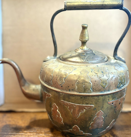Antique Middle Eastern Copper Kettle with Detailed Brass Appliqué & Patina -19th Century Persian Copper and Brass Teapot