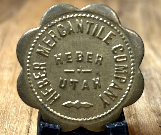 Vintage Heber Mercantile Company, Heber, Utah, 50¢ Trade Token, Scalloped Brass - Antique Utah Trade Token: Heber Mercantile Co. 50¢ In Trade