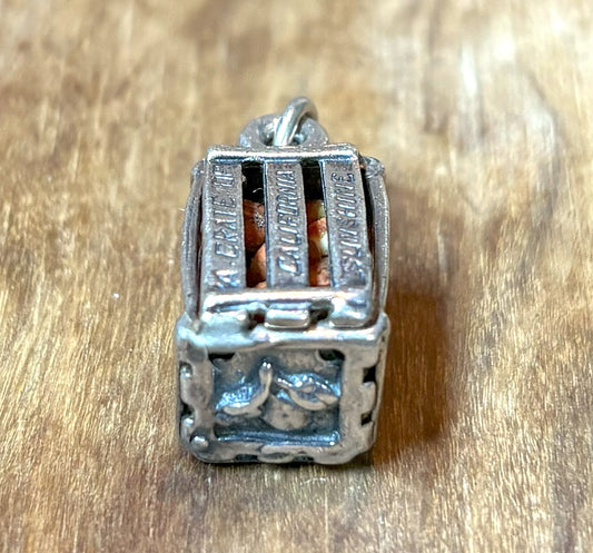 "Crate of California Sunshine" Sterling Silver Charm with Miniature Oranges - Sterling Silver Miniature Citrus Crate Charm with Engraved Hollywood, Los Angeles, and San Francisco Slats