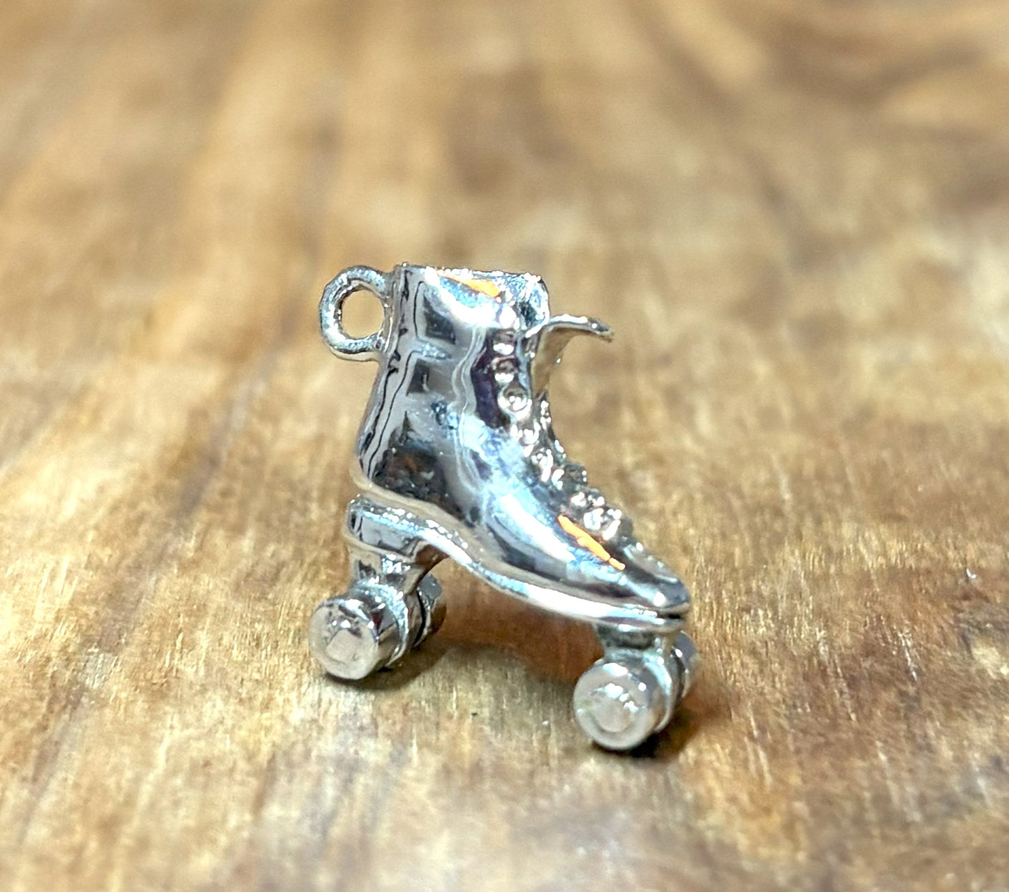 Miniature Retro Roller Skate 3D Silver Charm with Rotating Wheels - 3D Sterling Silver Roller Skate Charm with Movable Wheels