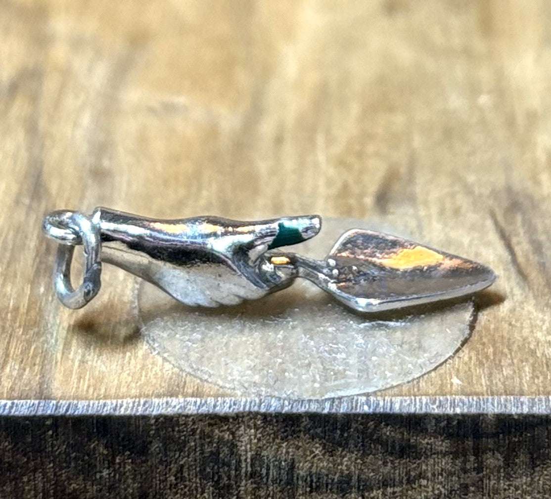 Green Thumb Charm, Hand with Garden Trowel Shovel, Vintage Enamel Jewelry - Vintage Silver Green Thumb & Trowel Charm Gardening Theme Jewelry