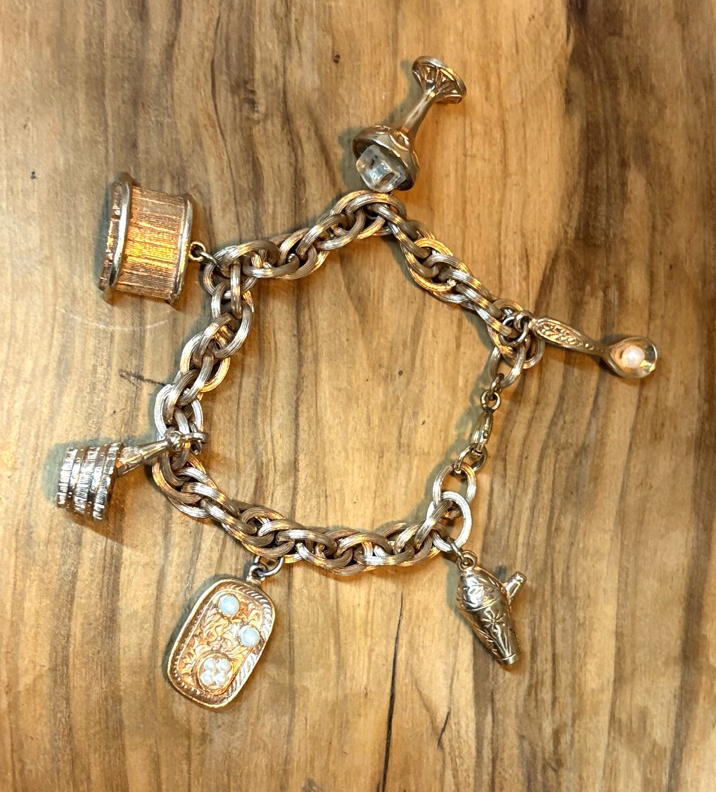 Vintage 1950s "Happy Hour" Copper Charm Bracelet Barware Theme - Pristine Vintage Copper Bartender Charm Bracelet Shaker & Ice Bucket 6 Charms