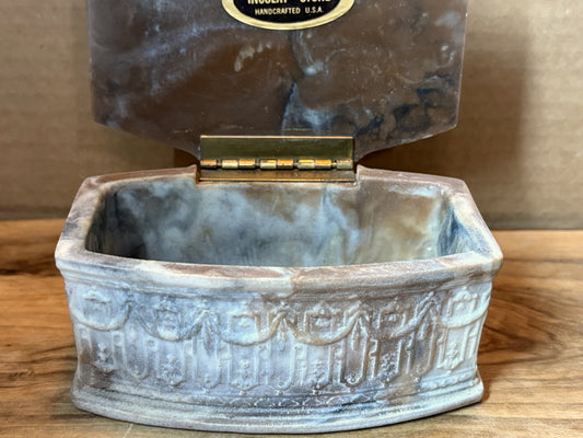 Vintage Incolay Stone Jewelry Box with Village Celebration Scene - Handcrafted Incolay Stone Trinket Box Dancing Villagers Relief