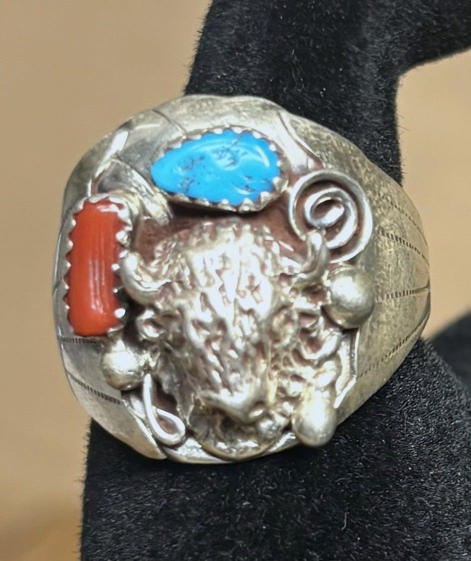 Handcrafted Native American Bison Ring, Sterling Silver with Turquoise and Red Coral, Size 11.5 - Men's Navajo Buffalo Ring Sz 11.5 925 Silver Genuine Turquoise Coral Southwestern