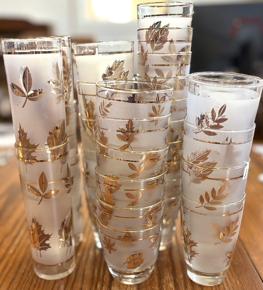 Rare Large 60+ Piece Collection Vintage Libbey 22K Gold Leaf Frosted Glassware - Libbey Golden Foliage 60+ Pc Master Set: Highballs, Rocks, Goblets & Cordials
