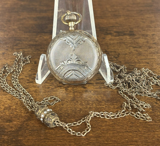 Antique LMiss .800 Silver Pocket Watch & Victorian Seed Pearl Slide Chain Starts/Stops - Antique Swiss K & M 80% Silver Pocket Watch & Long Slide Chain Necklace Repairable