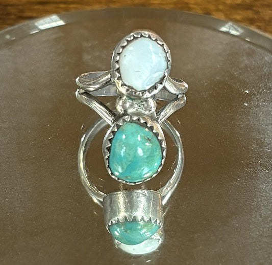 Handcrafted Sterling Silver Navajo-Style Ring With Natural Opal and a Ferrian/Zinc-Bearing Green Turquoise - Size 4.5 Sterling Silver Dual Stone Natural Opal and Zinc-Bearing Green Turquoise Ring