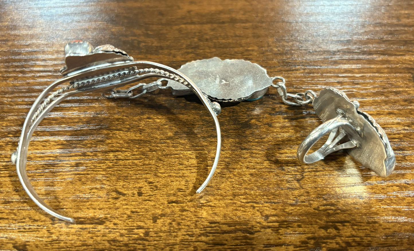 Vintage Navajo Sterling Silver Slave Bracelet Kingman Turquoise & Red Coral - Sterling Silver Southwestern Hand Chain Kingman Turquoise & Red Coral Gems