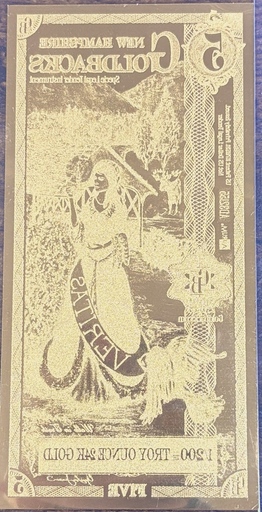 2023 New Hampshire 5 Goldback 1/200 oz 24K Gold Foil Note - 5 New Hampshire Goldback 2023 Veritas Design, 24kt Gold Note
