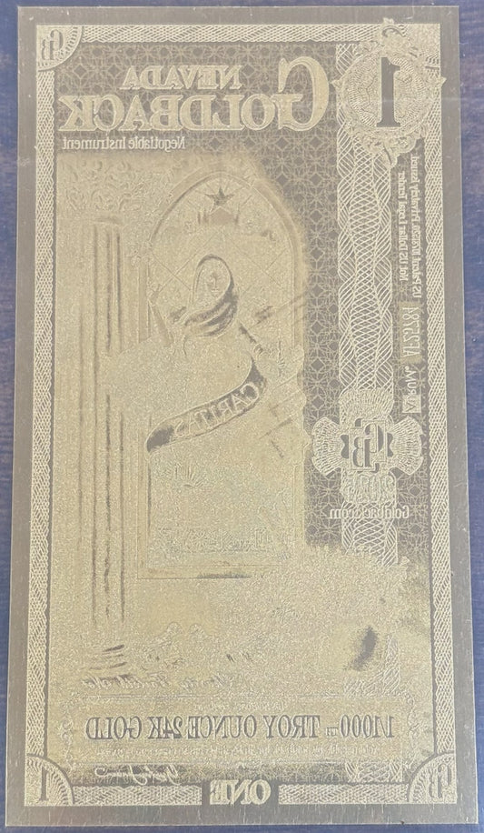 2025 Nevada 1 Goldback 1/1000th Oz 24K Gold Foil Note - 1 Nevada Goldback 2025 Gratia Design, 24kt Gold Note