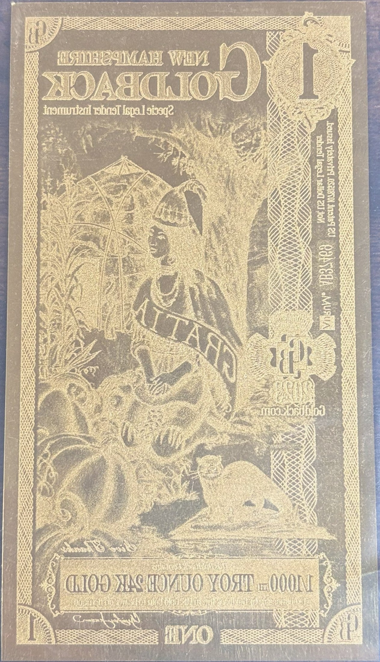 2025 New Hampshire 1 Goldback 1/1000th Oz 24K Gold Foil Note - 1 New Hampshire Goldback 2025 Gratia Design, 24kt Gold Note