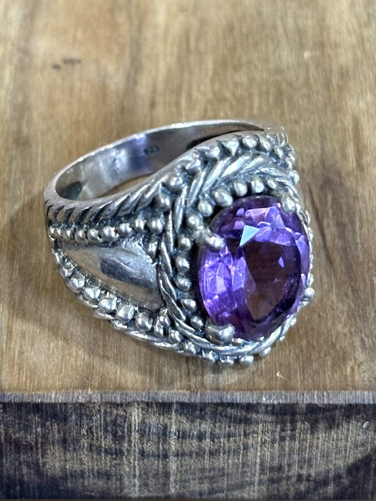 Boho Chic Sterling Silver Rope Detail Amethyst Ring Size 7 Statement Piece - Filigree Amethyst Statement Ring Sterling Silver Women's Size 7