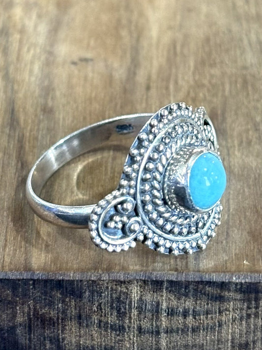 Artisan Himalayan Turquoise Ring 925 Sterling Silver Size 7.5 Boho Statement Jewelry - Handmade Tibetan Turquoise Ring, Genuine Sterling Silver, Size 7.5, Ornate Filigree Design