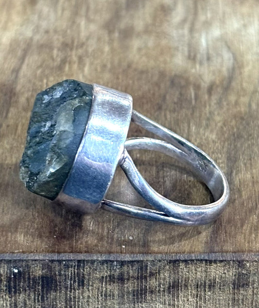 Natural Raw Blue Labradorite Statement Ring 925 Sterling Silver Bezel Size 8 - Large Round Labradorite Crystal Ring Iridescent Blue Fire Solid 925 Silver