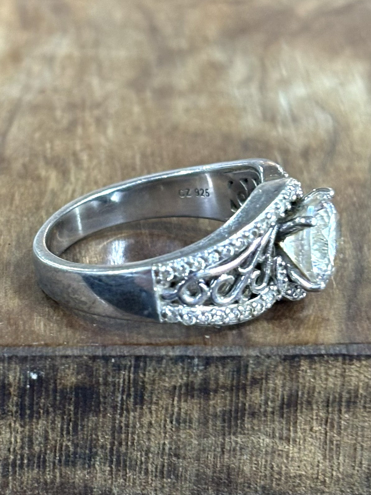 Vintage 925 Sterling Silver Round CZ Filigree Bypass Ring Size 10 - Art Deco Style Cubic Zirconia Engagement Ring SterlingSilver