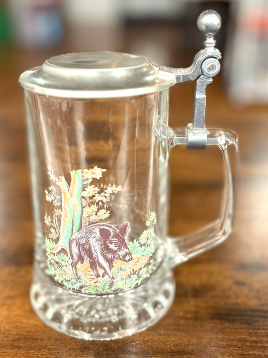 Vintage German Glass Beer Stein with Pewter Lid Wild Boar Design - Lidded German Glass Beer Mug, Wild Boar Hunting Scene