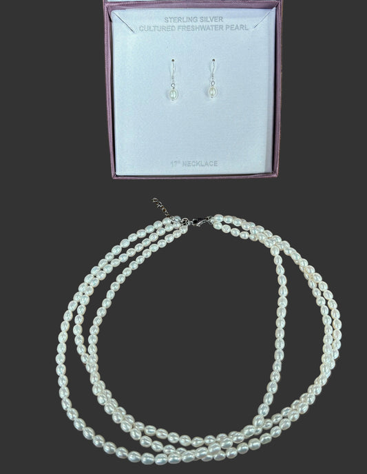Sterling Silver 3-Strand Cultured Freshwater Pearl Necklace & Earring Set - Multi-Strand Freshwater Pearl Drop Earring & Necklace Jewelry Gift Set