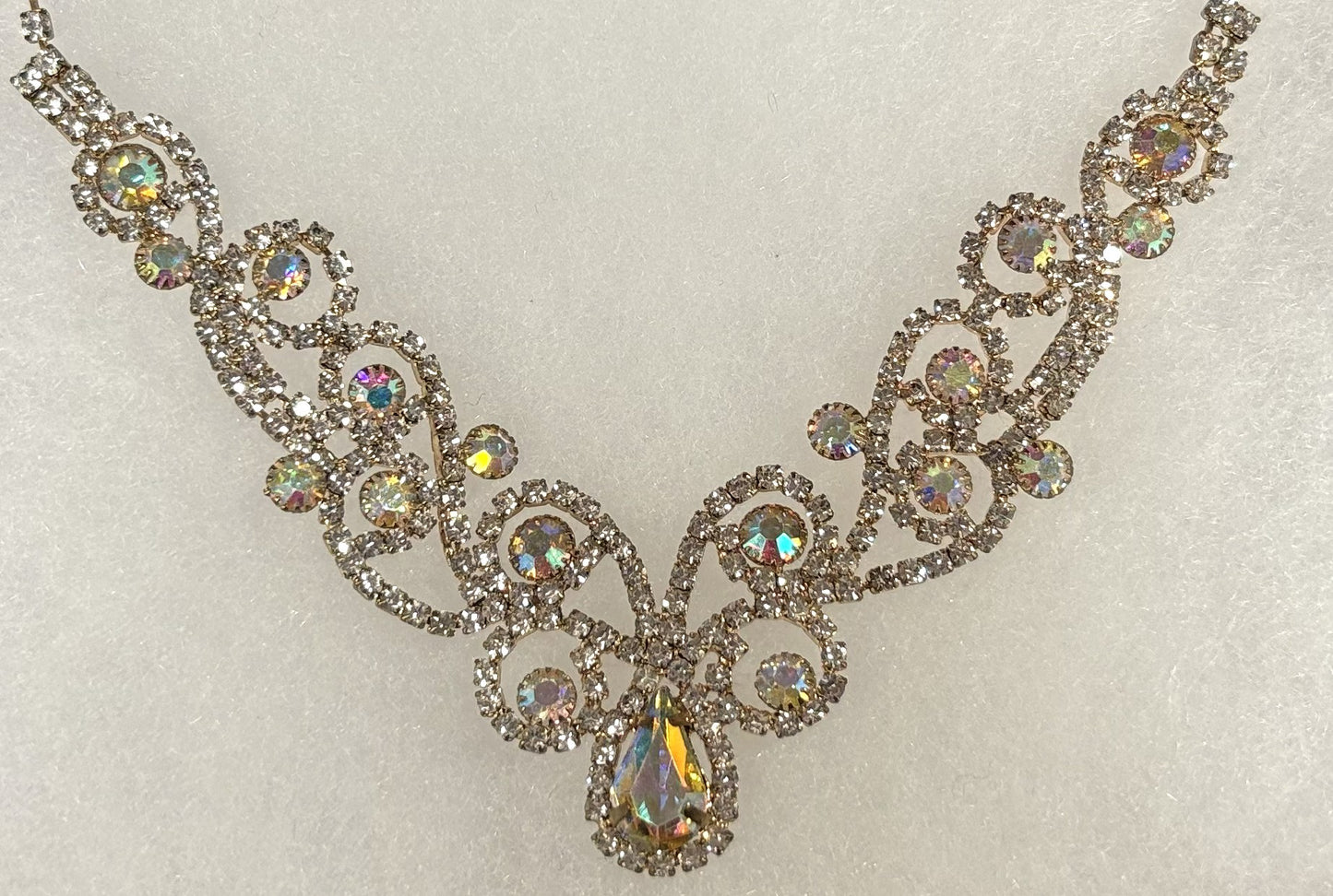 Iridescent Rhinestone V-Shape Statement Necklace and Dangle Earring Set - Rainbow Crystal Rhinestone Costume Jewelry Set