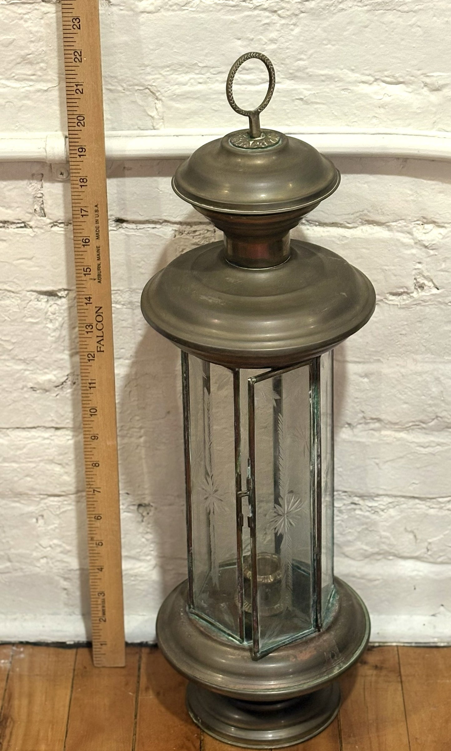 Pair of Vintage Brass Candle Lanterns with Etched Glass Panels 6-Sided Carriage Style - Antique Brass Hexagonal Candle Lanterns Set of 2