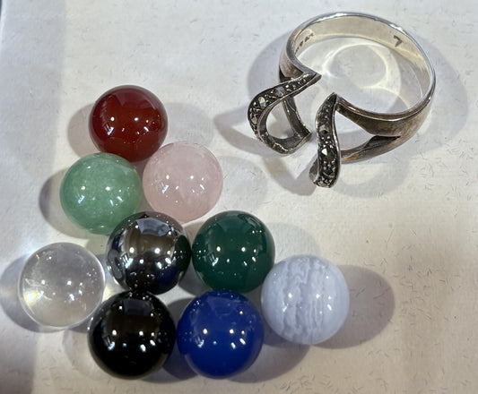 Vintage Sterling Silver Interchangeable 9 Stone Balls Ring Size 7 - Stunning Sterling Versatile Interchangeable Gemstone Ring Sz 7