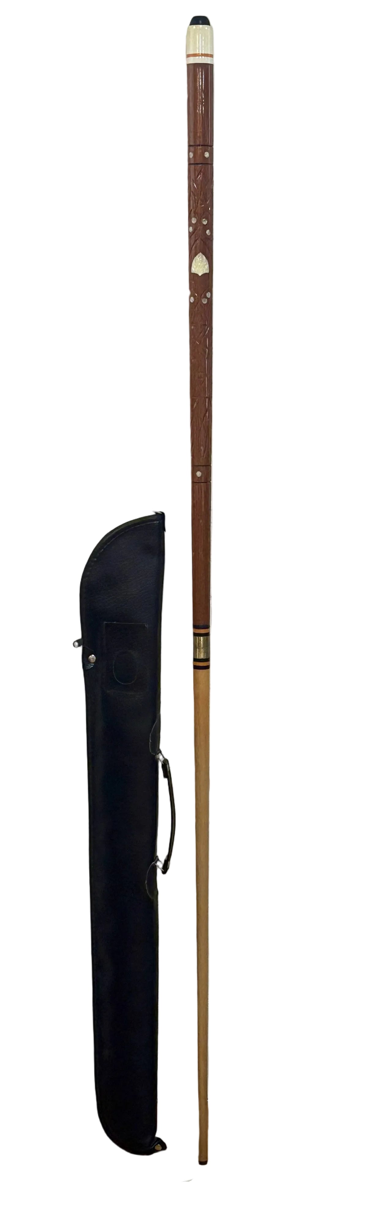Vintage Pool Cue Carved Wood & Mother of Pearl Inlay With Leather Case - Gorgeous Mother of Pearl Pool Cue