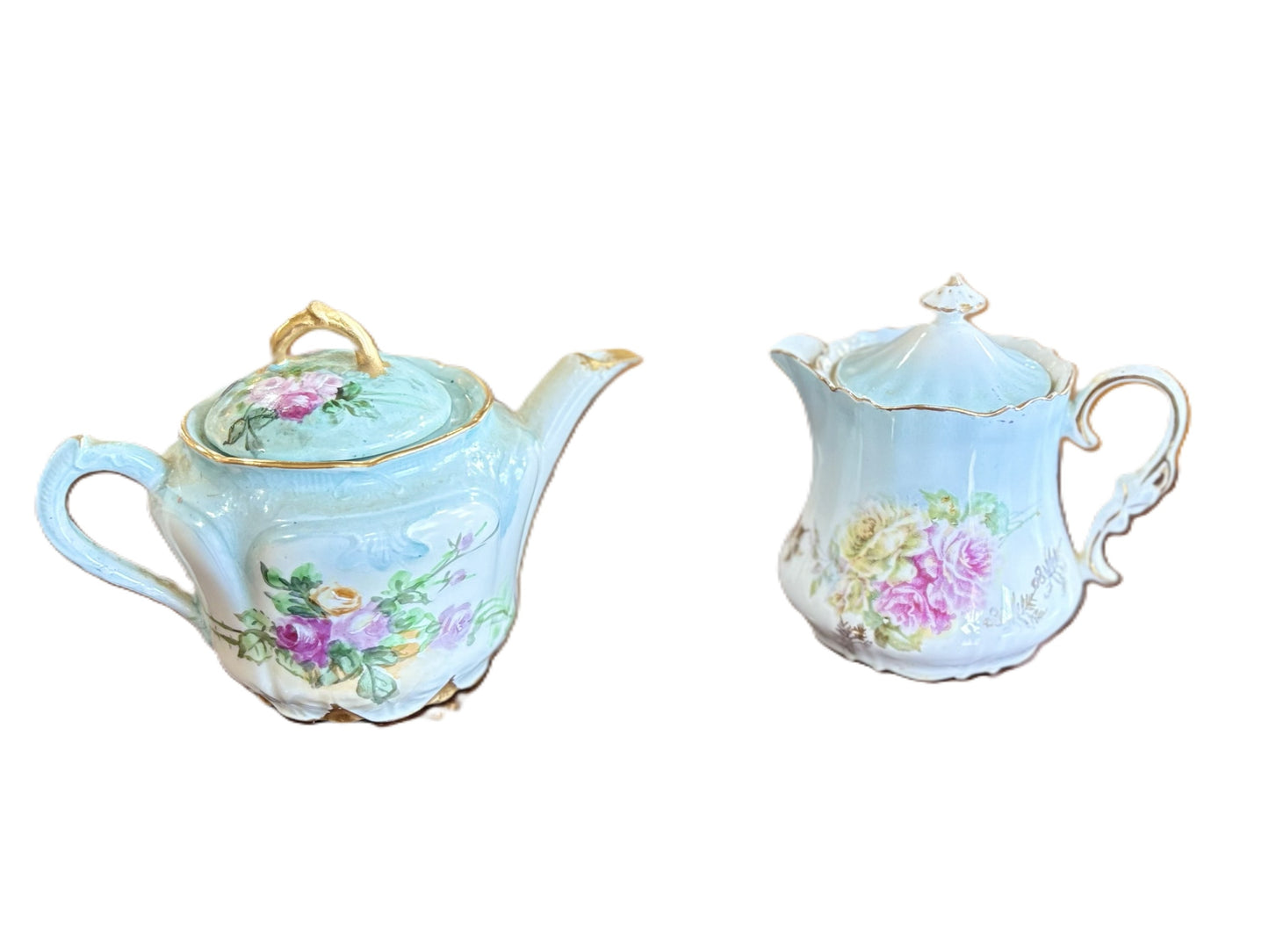 Antique 4-Piece Pastel Green & Blue Floral Porcelain Tea Set - Porcelain Tea Set Hand-Painted Pink Roses