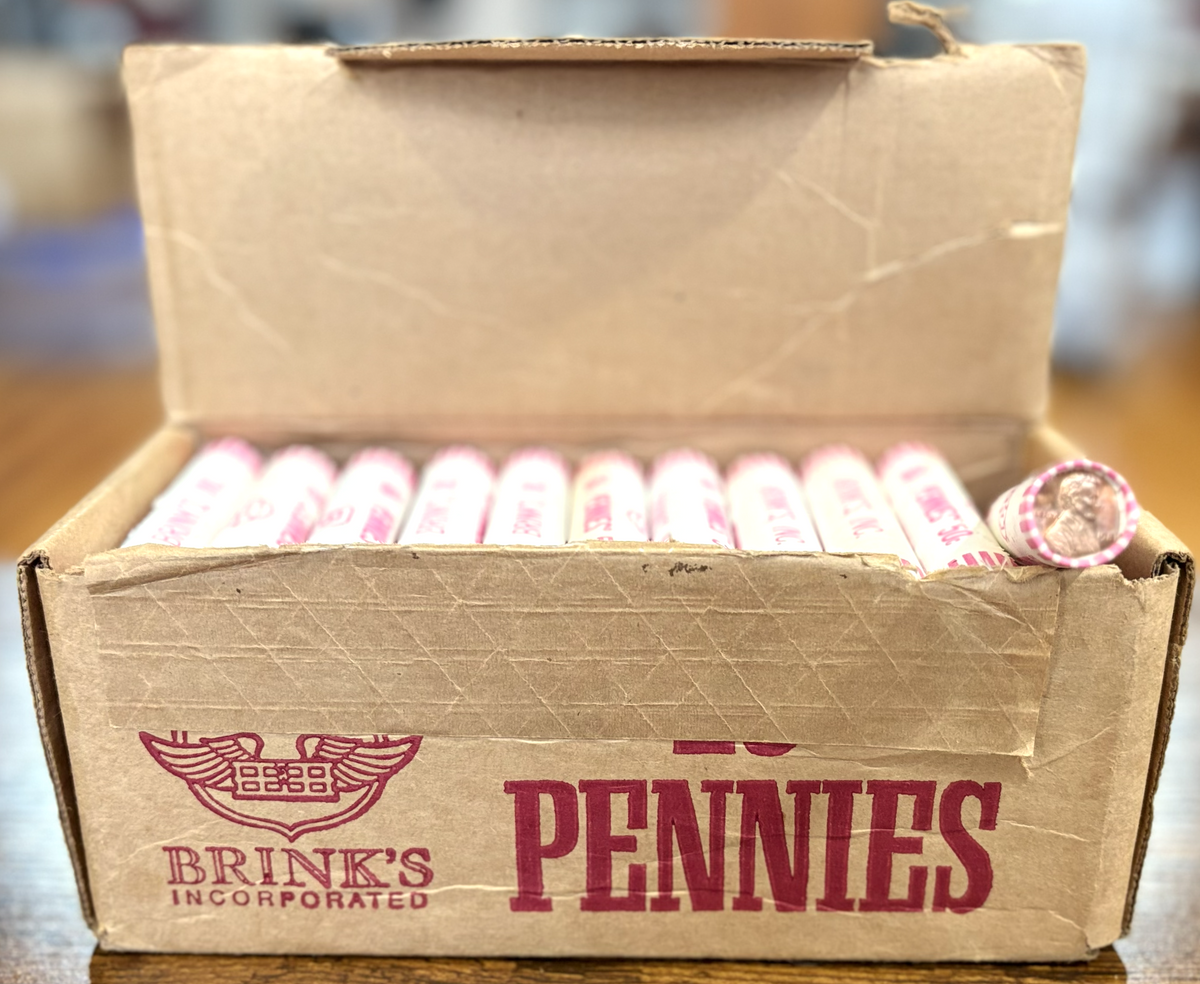 Vintage 1981 Brink's $25 Penny Box 50 Brilliant Uncirculated (BU) Rolls - 1981 Brink's Uncirculated Penny Box $25 Face Value (2,500 Unc Coins)
