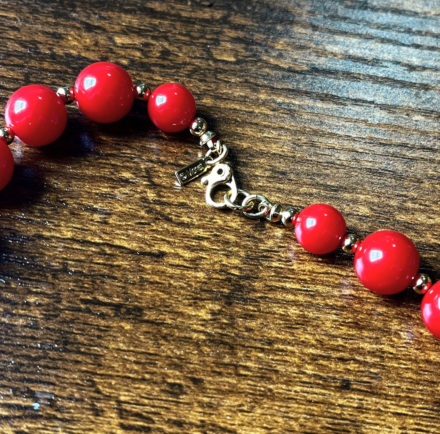 Vintage Monet Goldtone Red Lucite Beaded Necklace - 19 Inches - Circa 1950s Monet Signed Eclectic Red Bead Choker Necklace