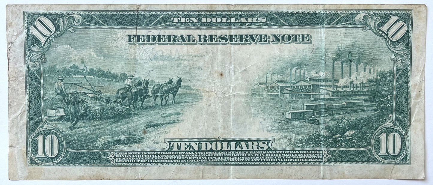 1914 Large Size 10 Dollar Federal Reserve Note - Lucky 777 Serial Number! - Boston 1914 Ten Dollar Fancy Serial Horseblanket Note - Fr#907a