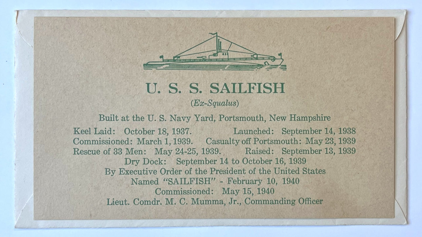 1940 U.S.S. Sailfish First Submergence Naval Cover - Rare Full Envelope Cachet - World War 2 US Submarine Sailfish Submergence Cover