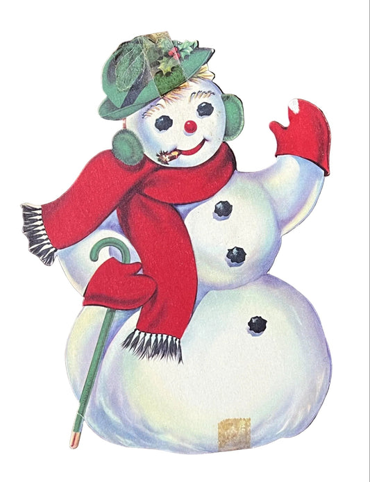 Lot of 2 1950s Dennison Snowman Christmas Cardboard Die Cut Decorations - 6.75" x 5" - Vintage Dennison Winter Snowman Holiday Paper Decor