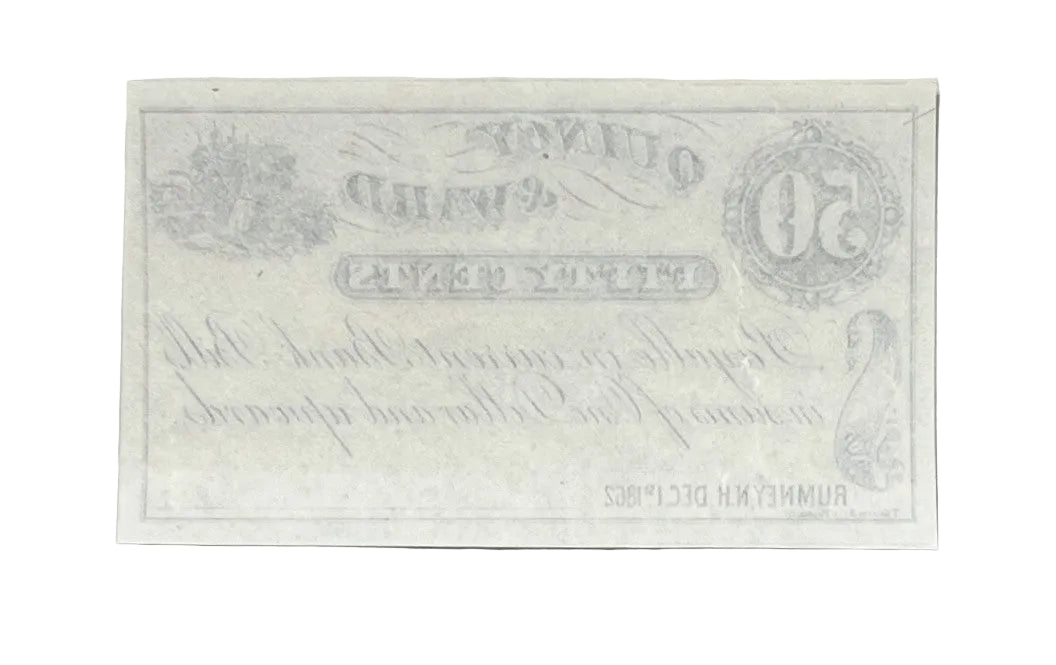 1862 Quincy & Ward Rumney NH 50 Cents Merchant Scrip - Uncirculated Remainder - Rumney New Hampshire Fifty Cent Remainder Merchant Note