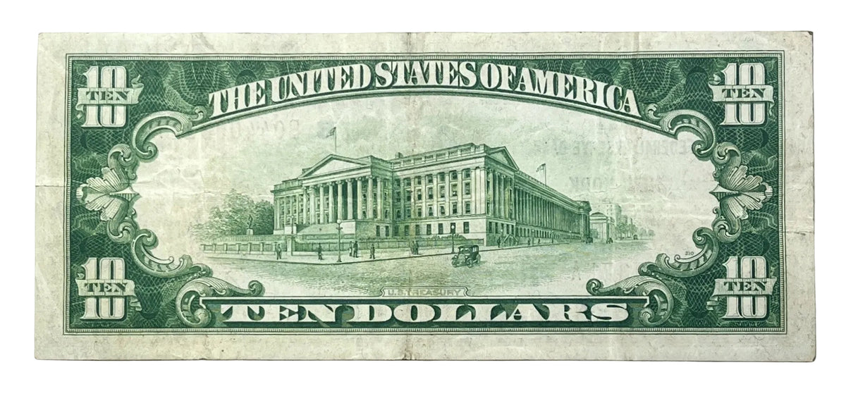 Billete de 10 dólares de moneda nacional del Banco de Nueva York de 1929 - Muy bueno (VF) con manchas - Billete de 10 dólares con sello marrón de 1929 del FRBN de Nueva York - Fr#1860-B