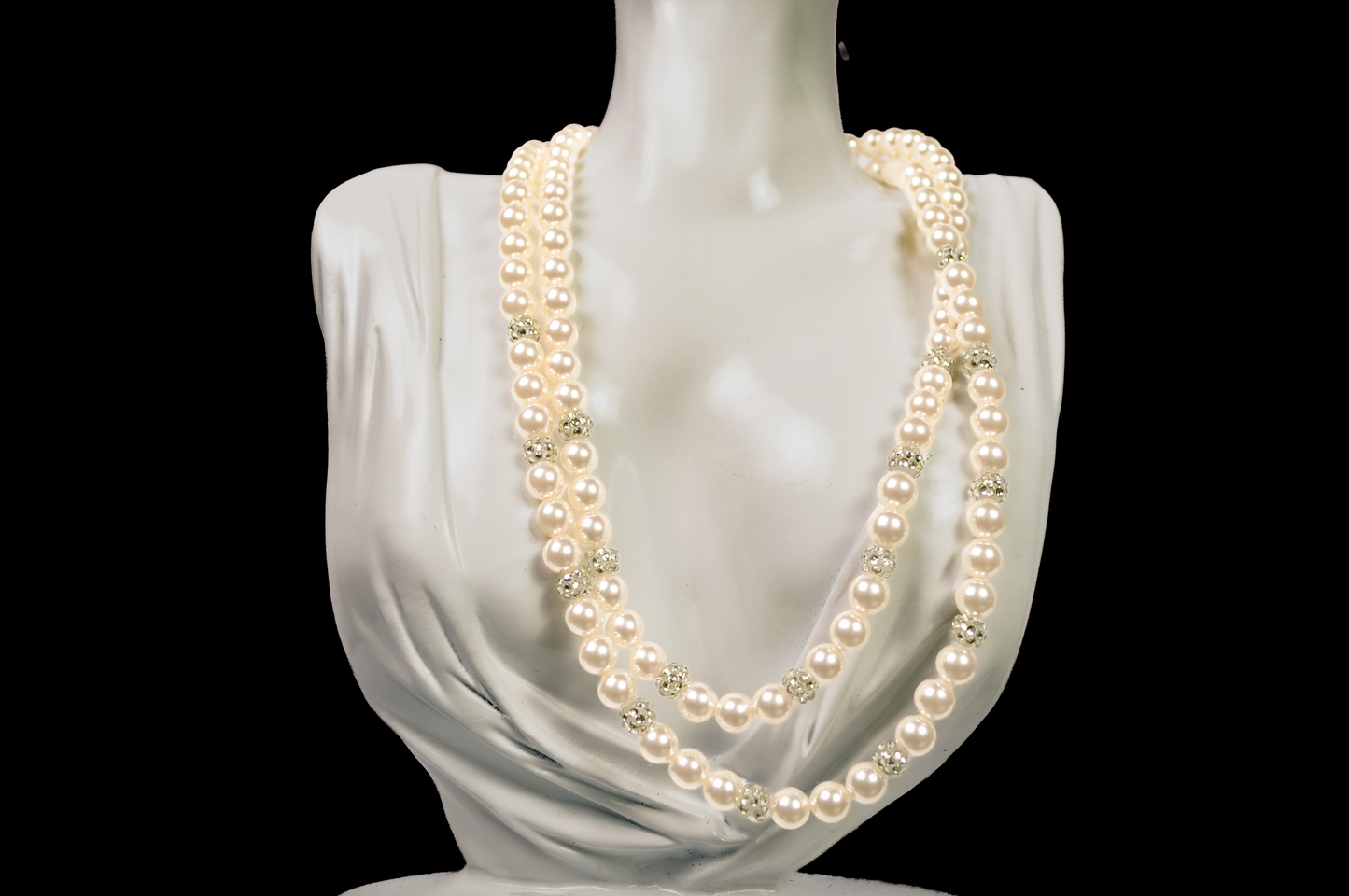 Vintage RMN Multi Strand Faux Pearl Necklace Crystal Accents - Roman Signed RMN Double Strand Pearl Necklace Rhinestone Spacers