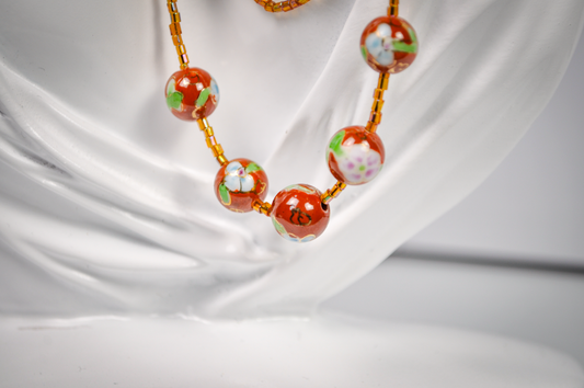 Vintage Chinese Cloisonné Floral Beaded Necklace - Hand-Painted Enamel Flower Bead Statement Necklace