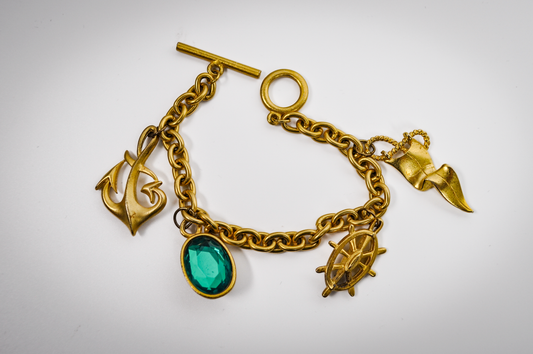 Vintage Nautical Themed Gold Toned Charm Bracelet - Gold Toned Antique Charm Bracelet