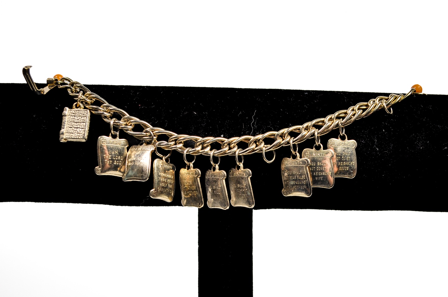 Vintage 1960's Bracelet 9 Commandments Gold Tone Square Charms - The Nine Commandments Gold Toned Christian Charm Bracelet
