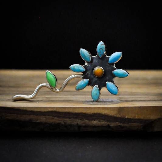 Sterling Silver Floral Cluster Pendant with Turquoise Petals and Green Leaf Accent - Native American Turquoise and Sterling Silver Floral Vine Necklace