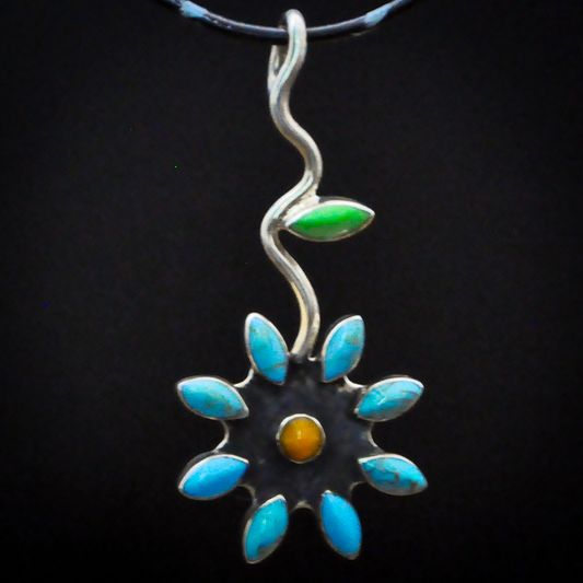 Sterling Silver Floral Cluster Pendant with Turquoise Petals and Green Leaf Accent - Native American Turquoise and Sterling Silver Floral Vine Necklace