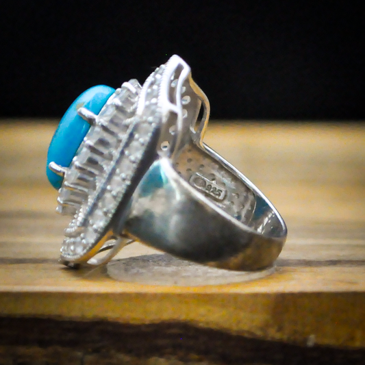 Size 8 Sterling Silver 925 Oval Blue Turquoise Filigree Halo Statement Ring - Oval Blue Turquoise & Crystal Filigree Statement Ring, Size 8