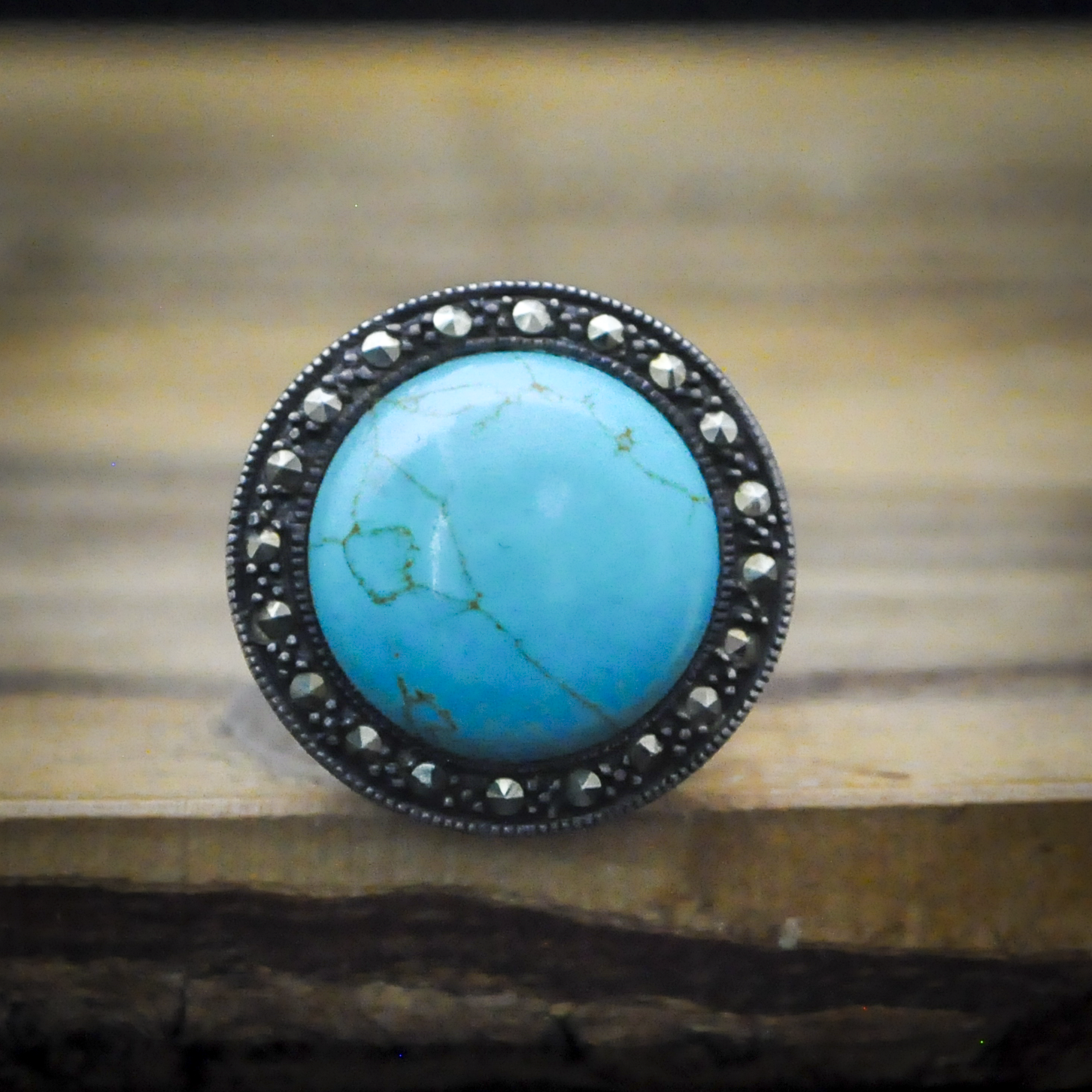 925 Sterling Silver Round Turquoise Cabochon Ring with Marcasite